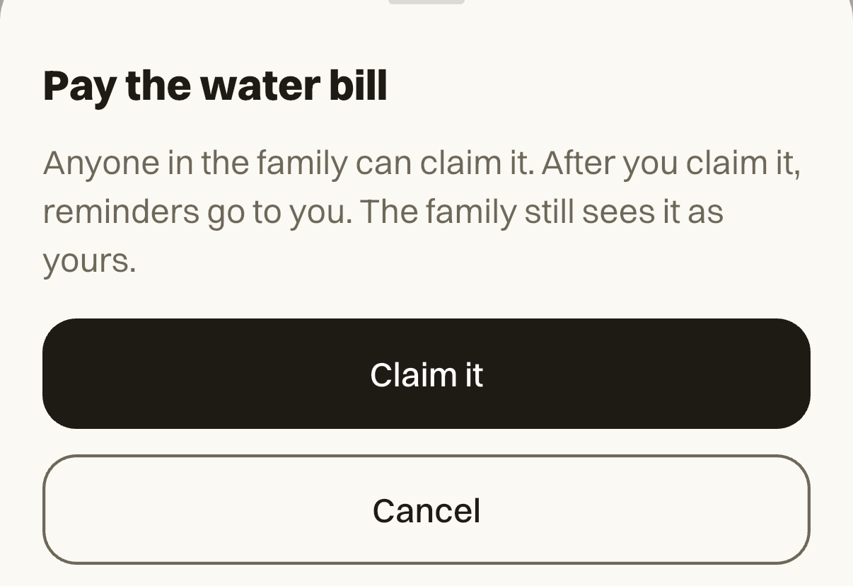 ClaimBell claim sheet: after you claim it, reminders go to you and the family still sees it as yours.